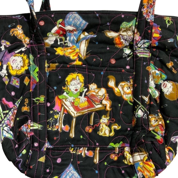 Cat Theme Tote Bag Hand Made Quilted Large Long Shoulder Strap Black Multicolor - Picture 3 of 10